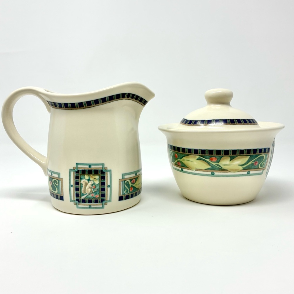 Vintage Pfaltzgraff Portfolio Forest Pattern Creamer and Sugar Bowl With Lid